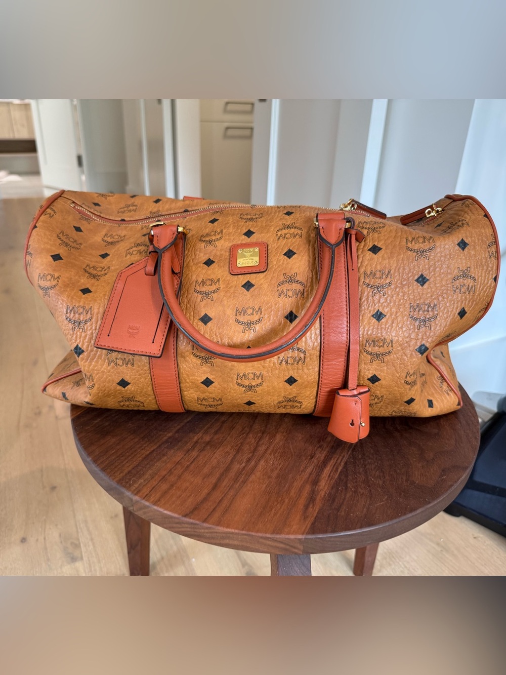 MCM Cognac Monogram Visetos Duffel with Tan Leather Trim